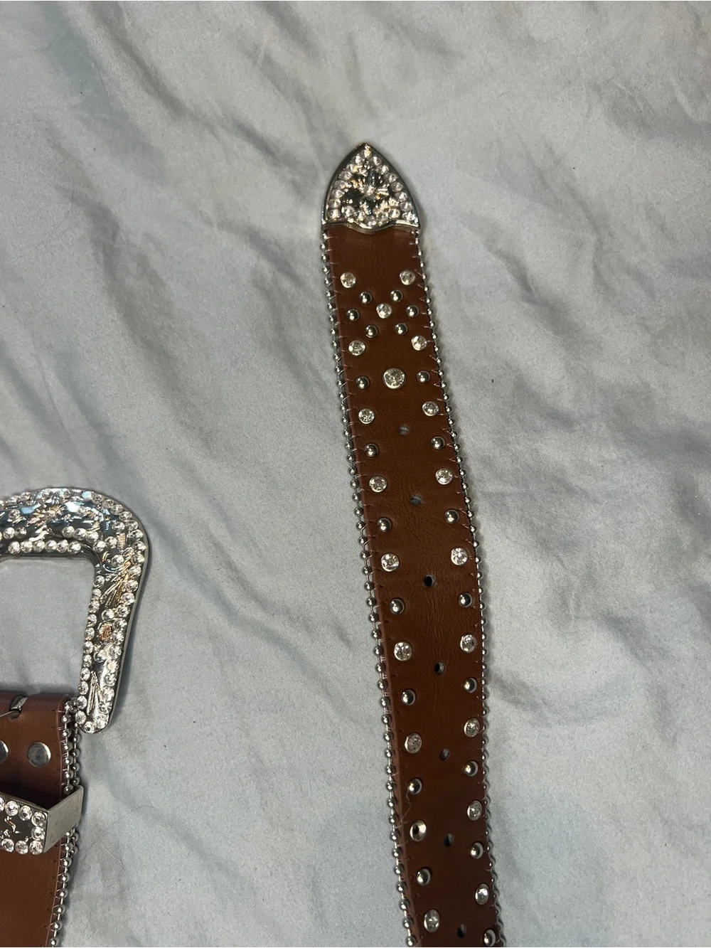 Y2K Brown Crystal-Studded Women's Leather Belt